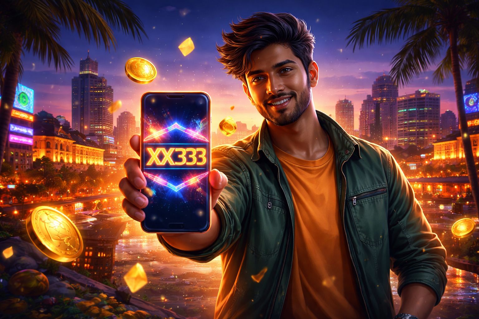 Enthusiastic Bangladeshi gamer celebrating a jackpot win on a glowing screen surrounded by golden coin effects at the XX333 online casino