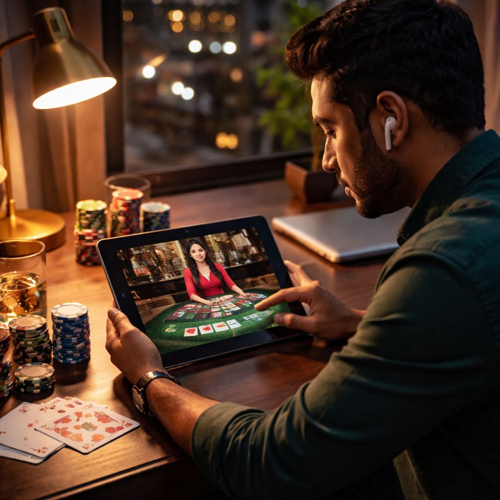 Sophisticated gaming atmosphere featuring elegant card table setup with premium chips highlighting the world-class online casino environment at XX333