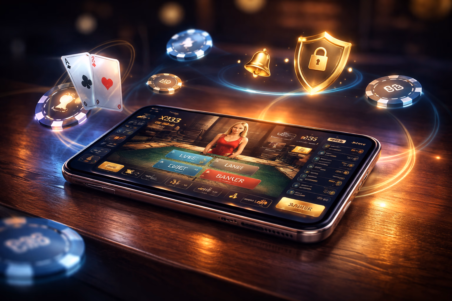 Confident Bengali woman navigating the XX333 mobile casino app with vibrant game thumbnails and bonus banners on screen