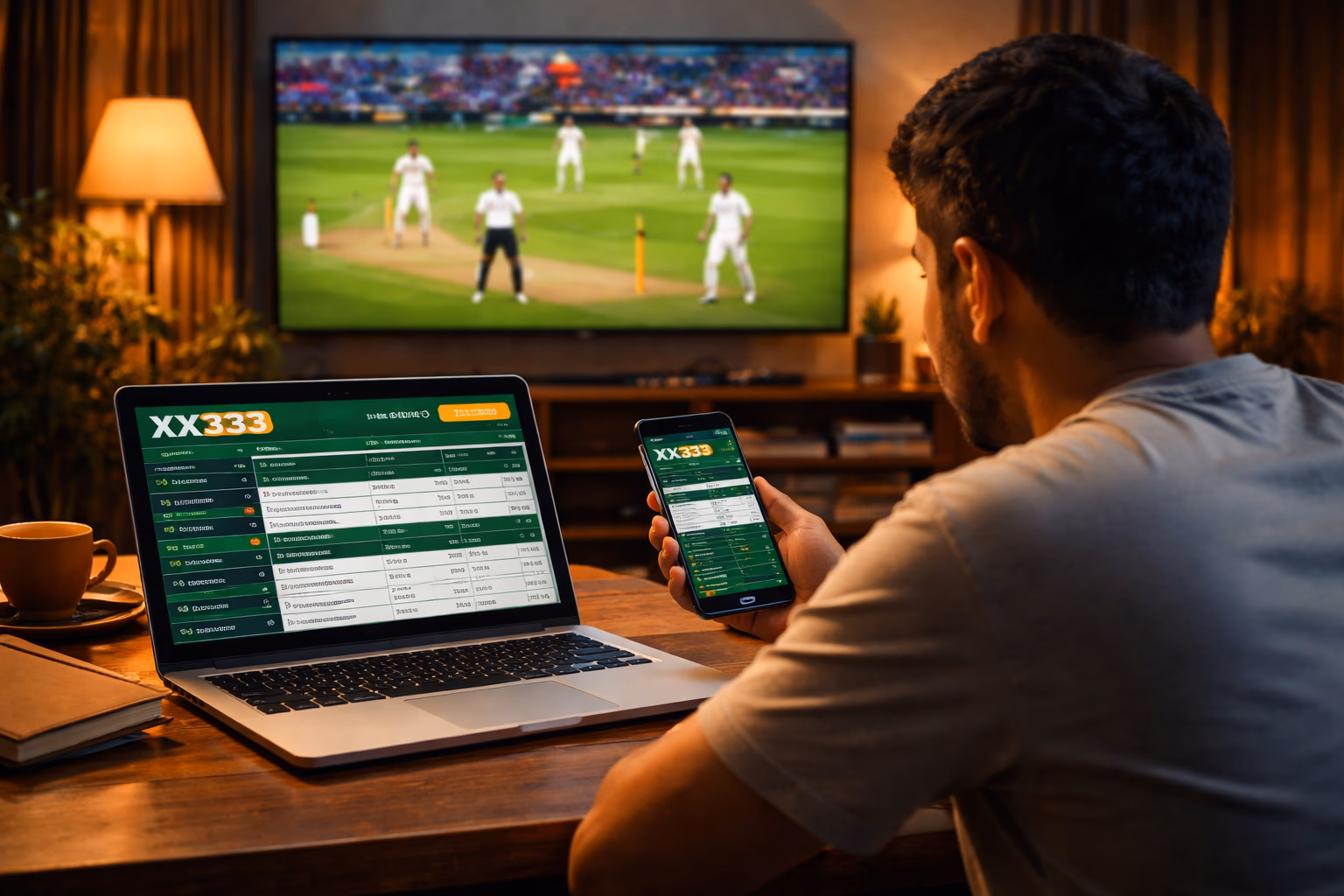 Focused Bangladeshi sports enthusiast reviewing football and cricket betting markets on a laptop through the XX333 platform in a comfortable home setting