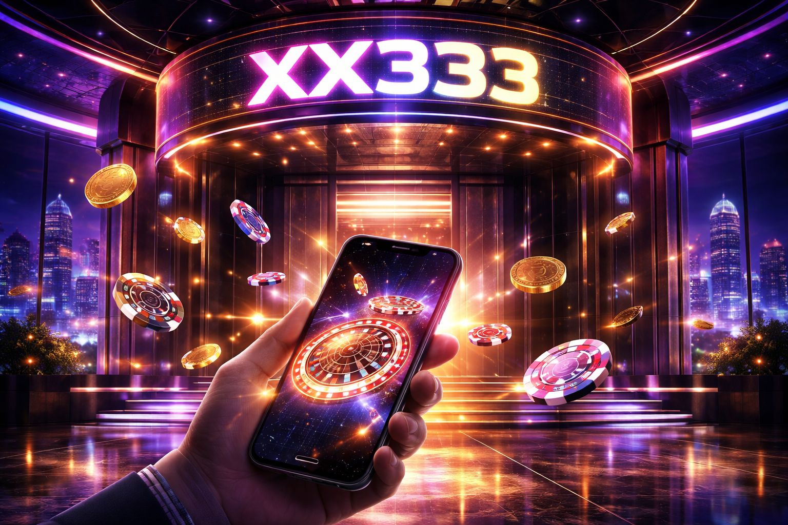 Dazzling neon-lit XX333 casino entrance with floating chips and glowing roulette wheel representing premium online gambling in Bangladesh