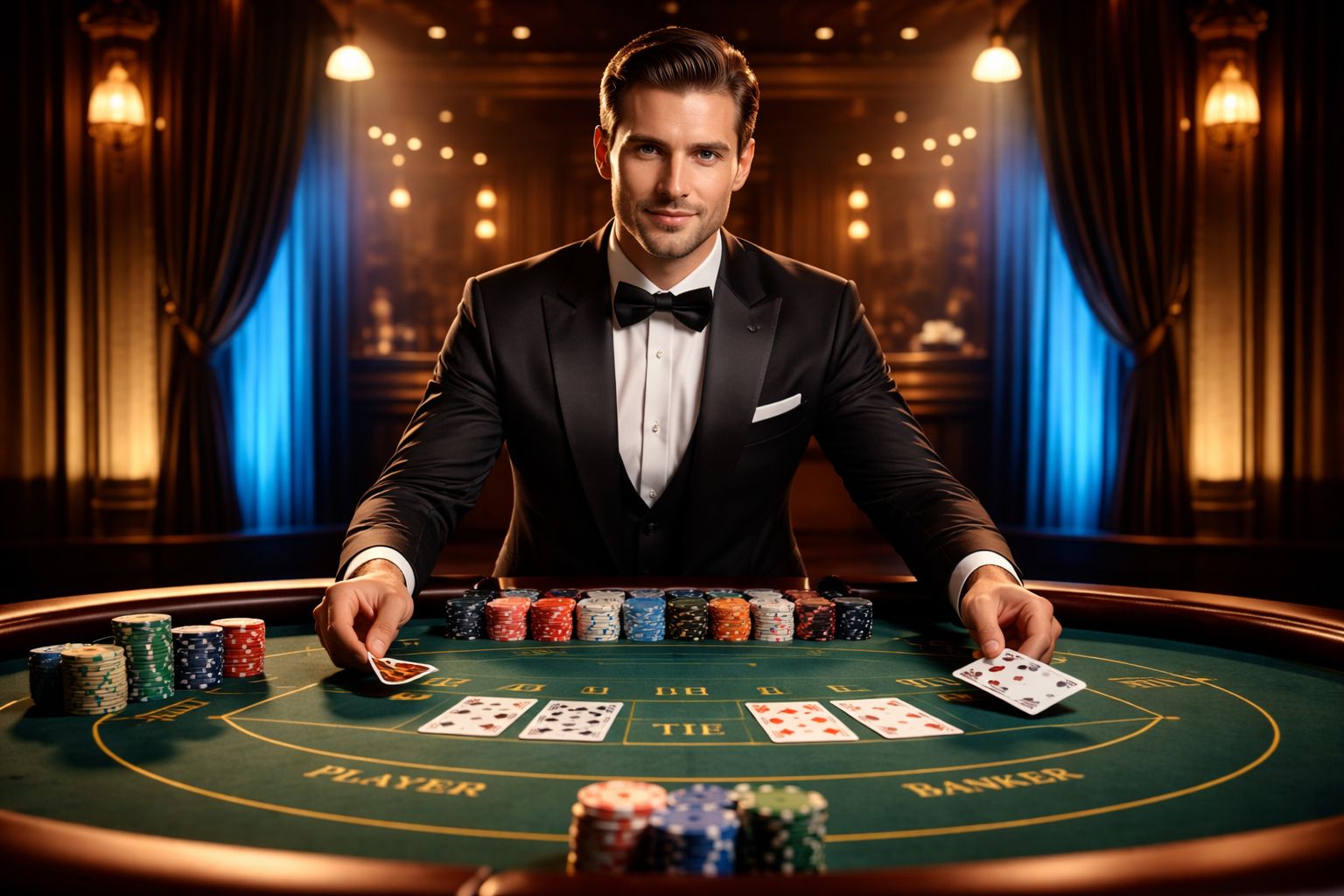 Elegant live casino dealer confidently managing a baccarat table surrounded by luxurious decor and warm ambient lighting at XX333