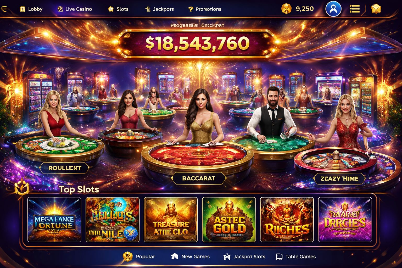 Confident professional casino dealer standing beside a premium roulette table with floating golden chips symbolizing the trusted XX333 gaming environment