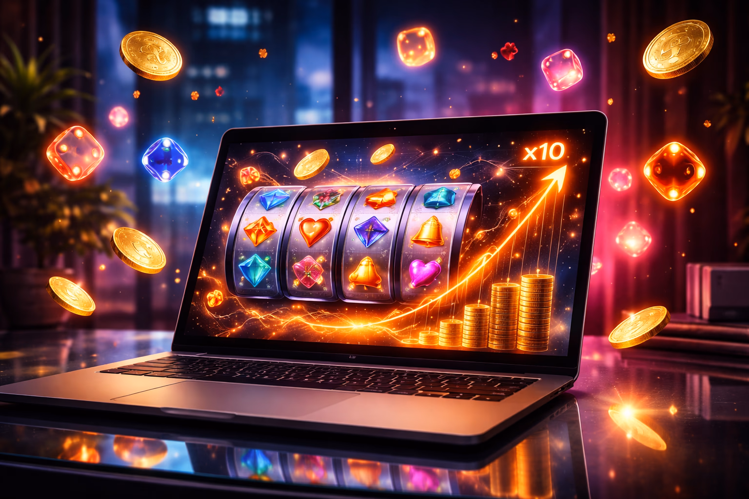 Desktop monitor displaying the XX333 Aviator crash game interface with animated betting chips and a glowing multiplier graph creating an immersive digital casino atmosphere